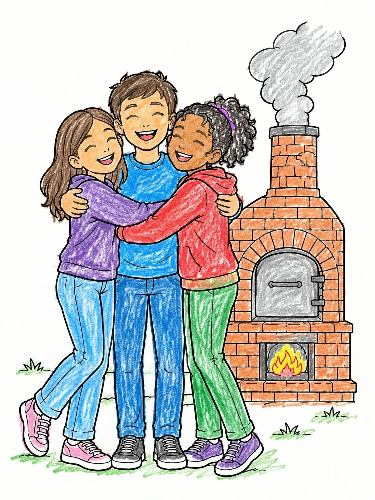 Colored example of the Three Friends Hugging By The Furnace coloring page