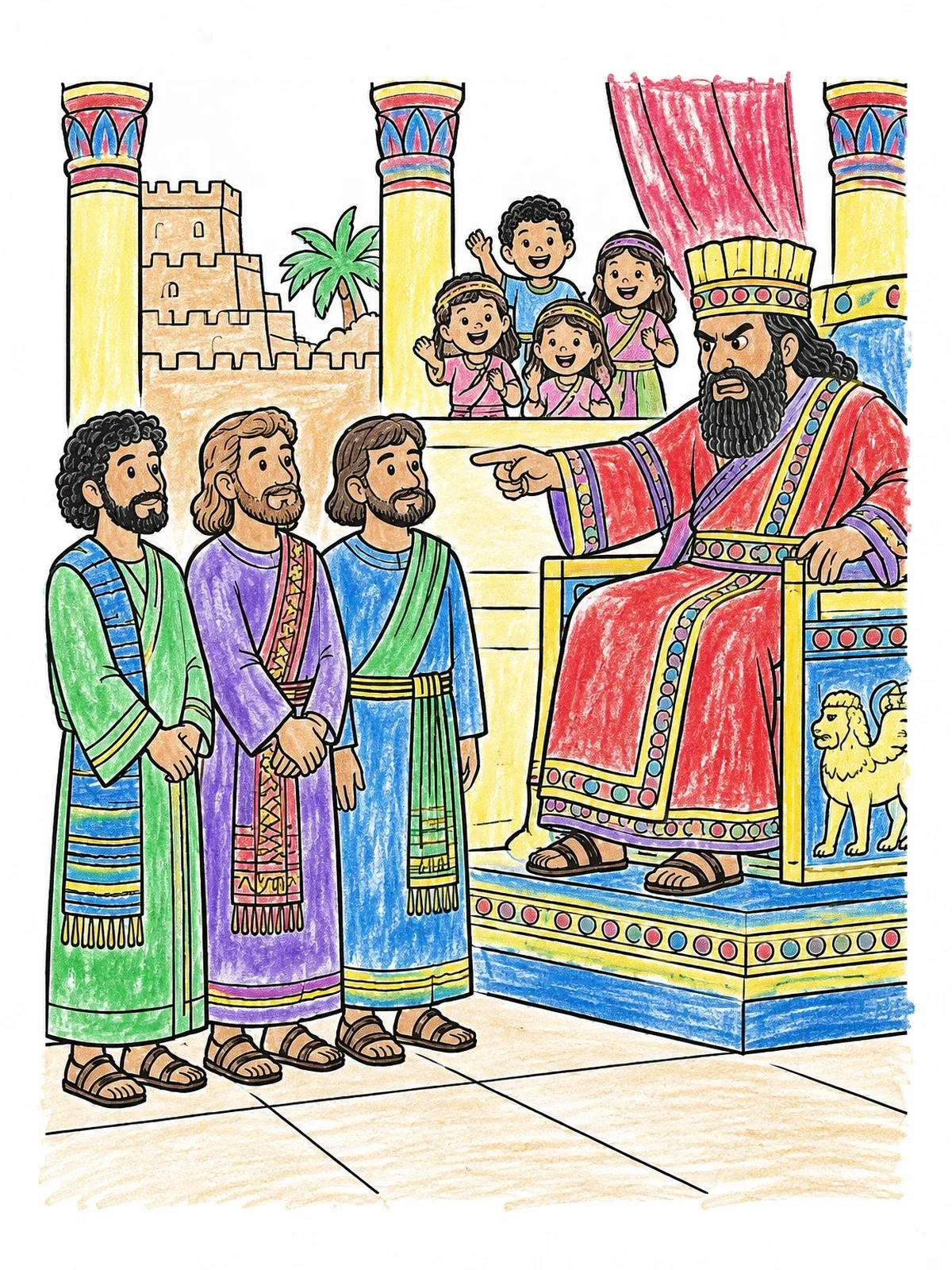Colored example of the Three Hebrews Before King Nebuchadnezzar coloring page