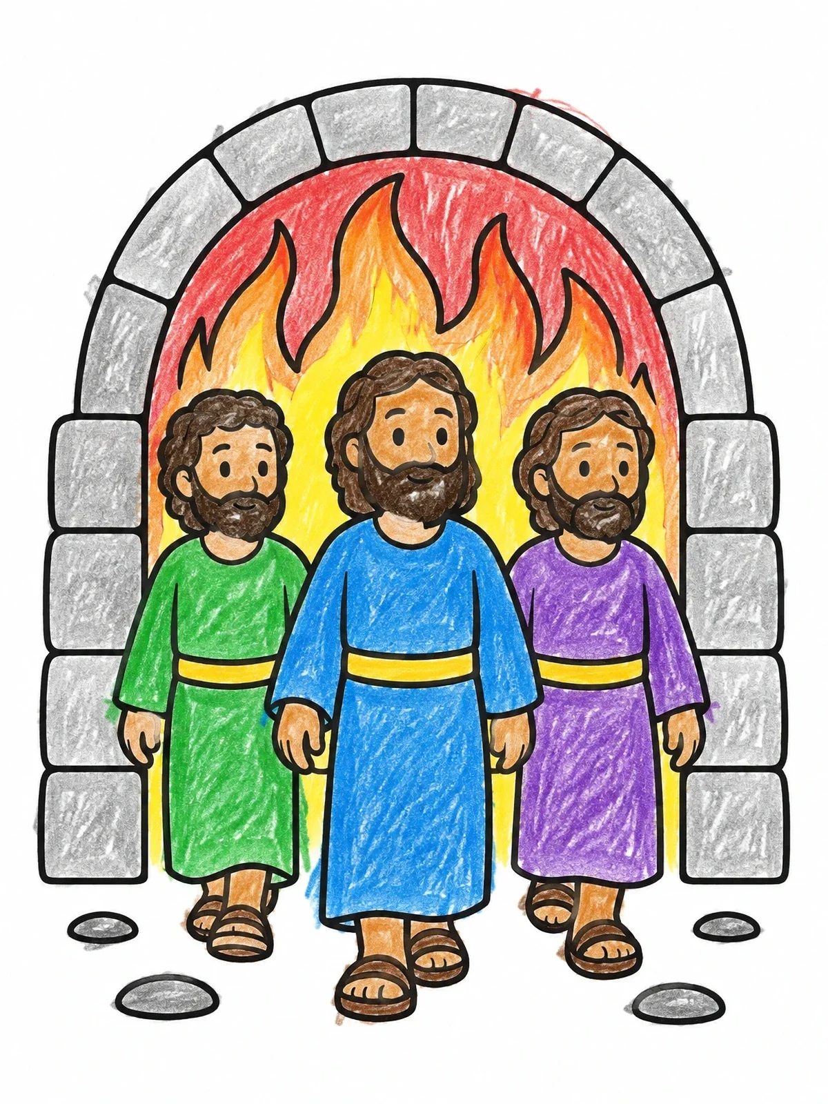 Colored example of the Three Men In Fiery Furnace coloring page