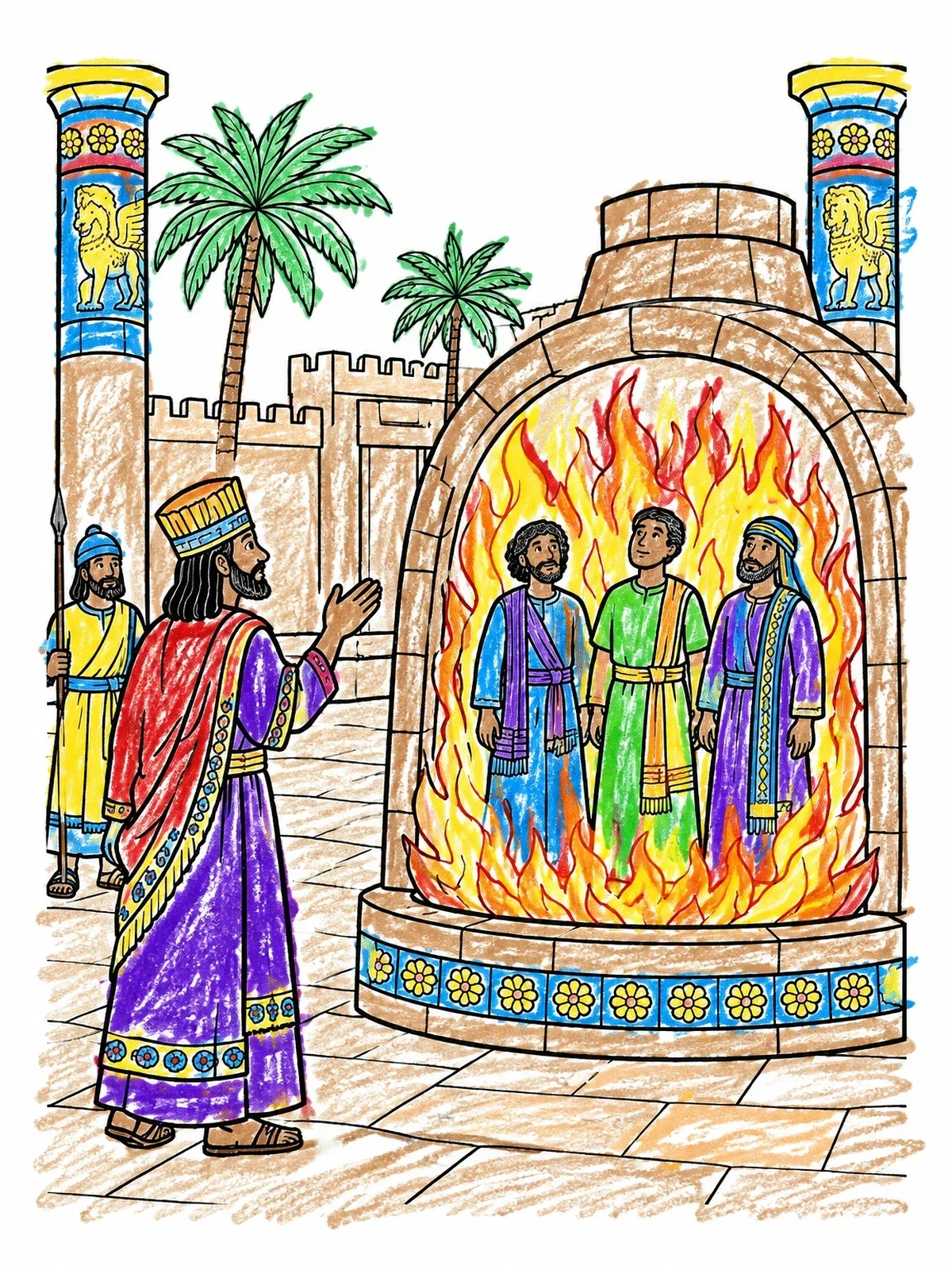 Colored example of the Three Men In The Fiery Furnace coloring page