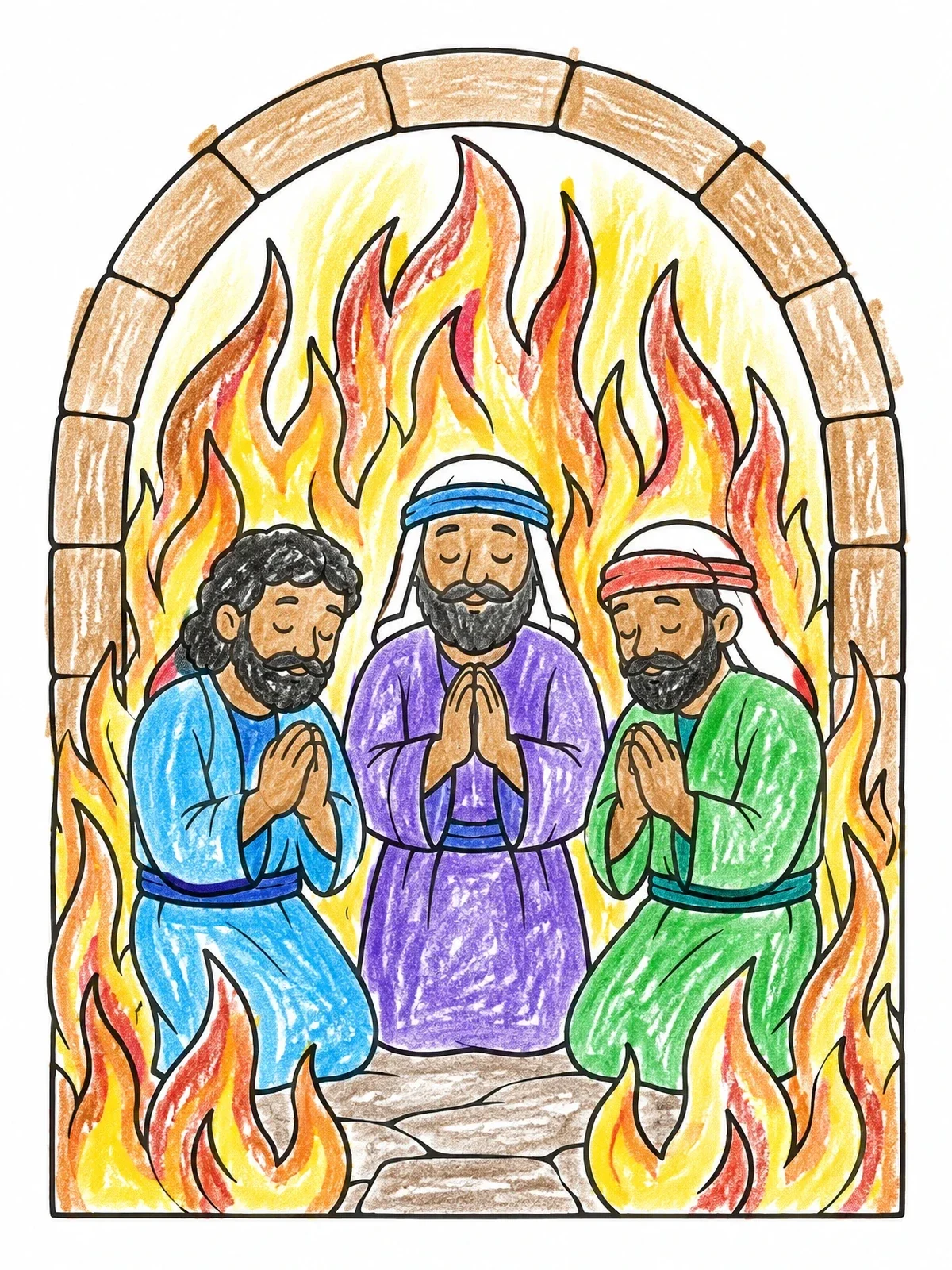 Colored example of the Three Men Praying In The Fiery Furnace coloring page