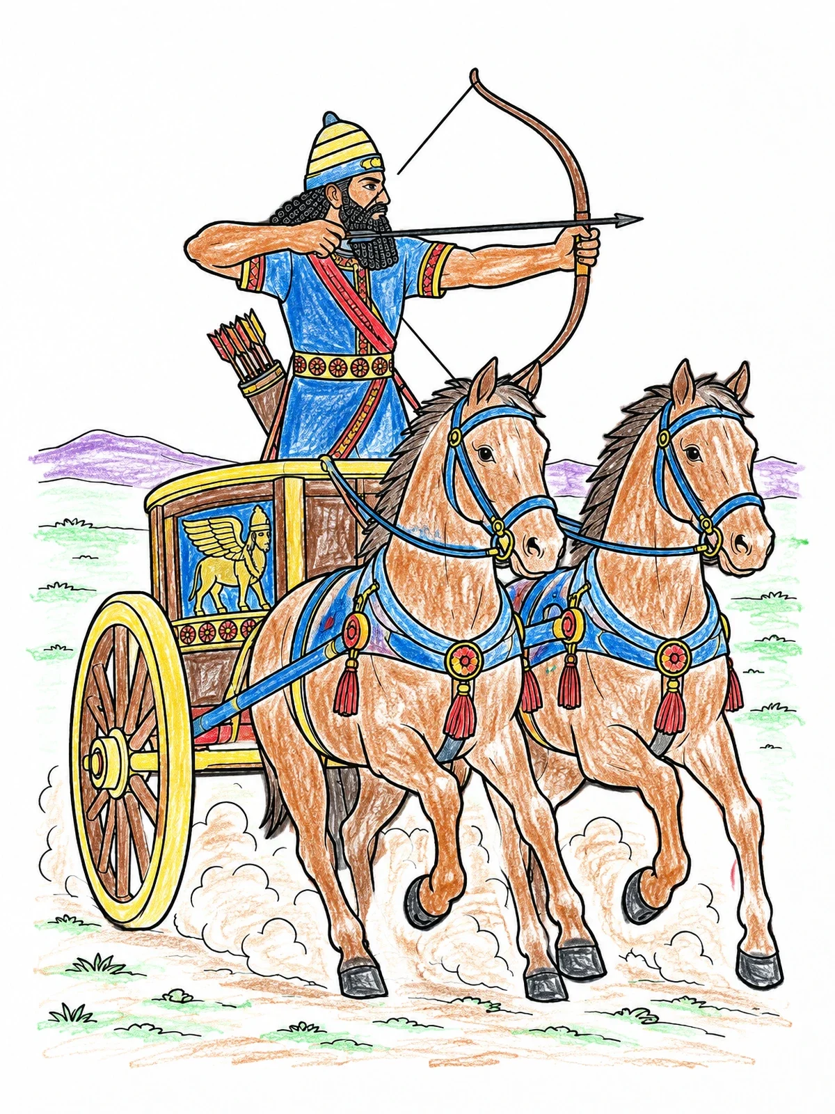 Colored example of the Assyrian Archer On War Chariot coloring page