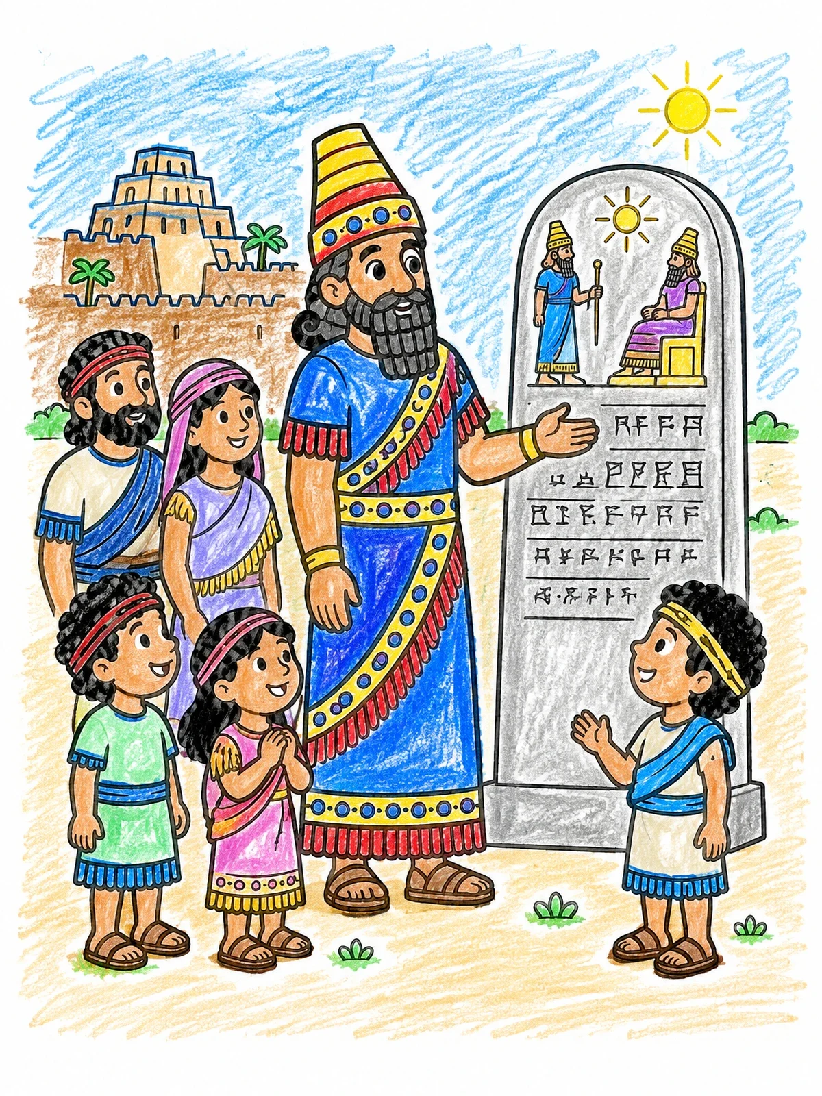 Colored example of the Babylonian King And Ancient Stone Stela coloring page
