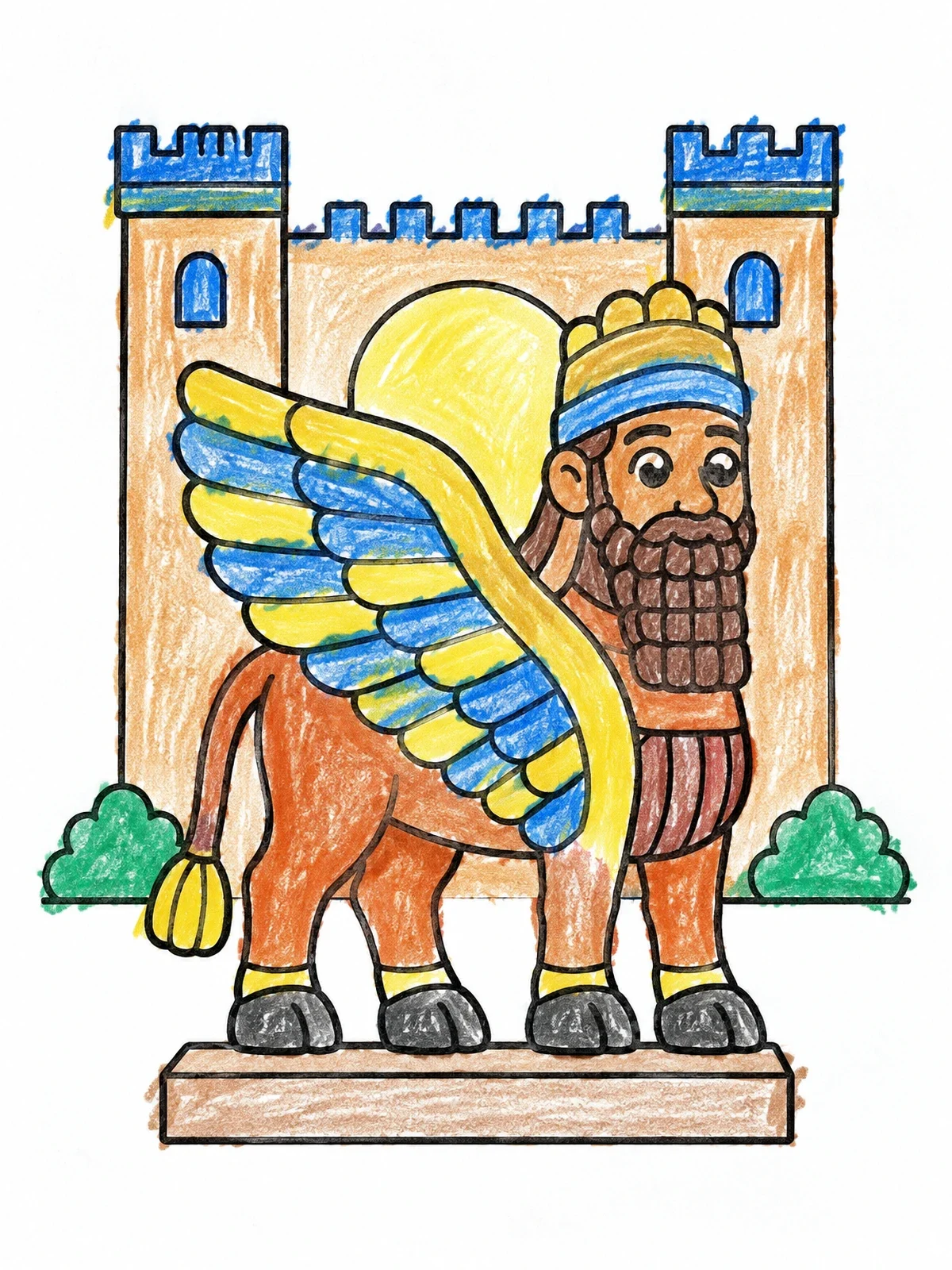 Colored example of the Friendly Lamassu Guarding Palace Gate coloring page