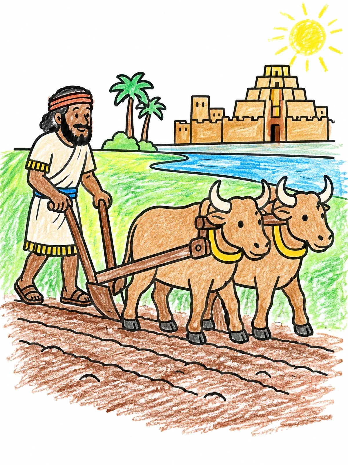 Colored example of the Mesopotamian Farmer With Oxen Plow coloring page