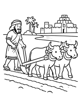Free printable Mesopotamian Farmer With Oxen Plow coloring page