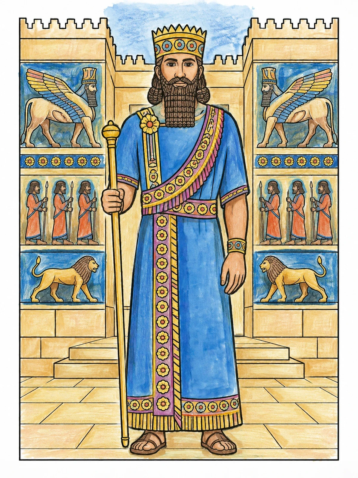 Colored example of the Ancient Mesopotamian King At Palace Gates coloring page