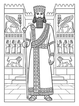 Free printable Ancient Mesopotamian King At Palace Gates coloring page