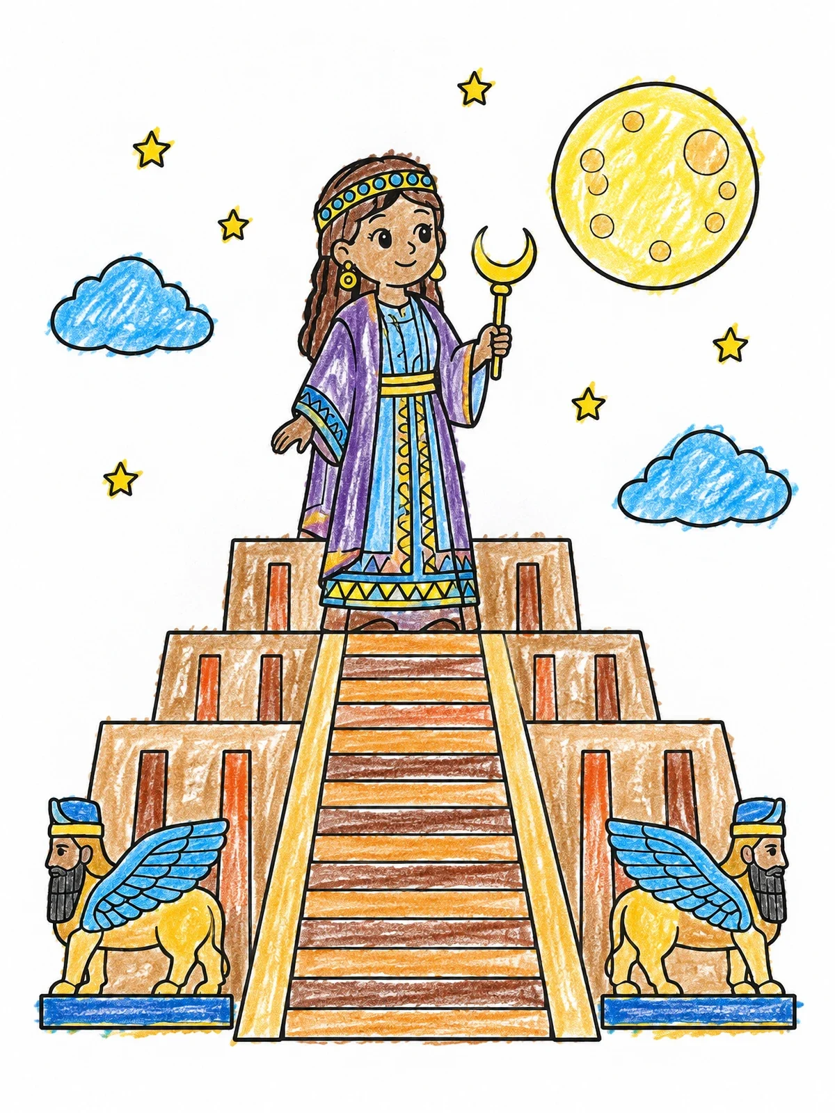 Colored example of the Mesopotamian Priestess On Ancient Ziggurat coloring page