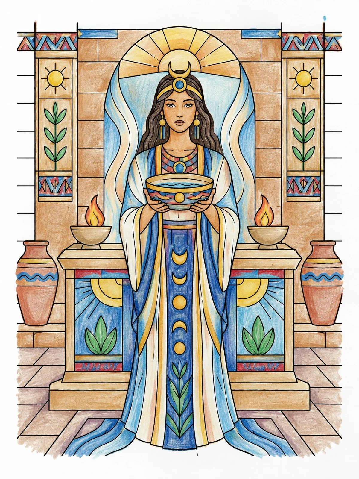 Colored example of the Mesopotamian Priestess At The Temple Altar coloring page