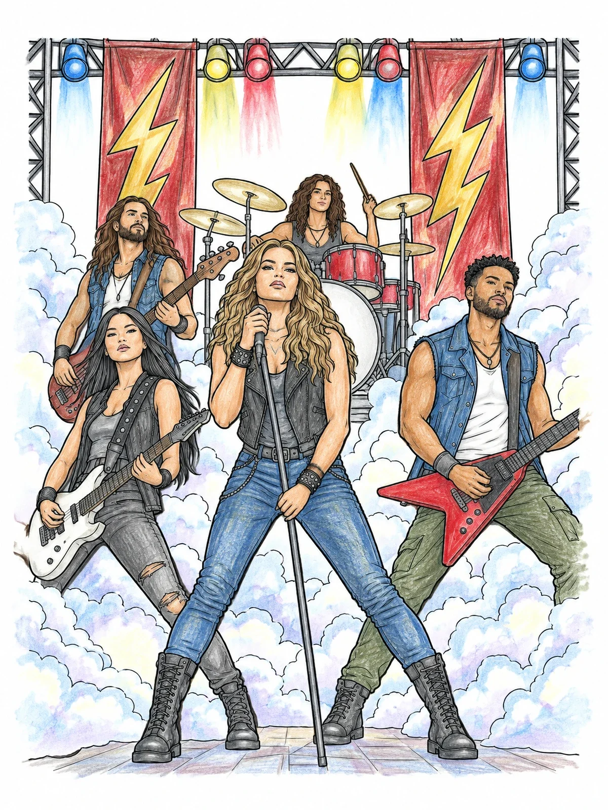 Colored example of the Metal Band On Stage coloring page
