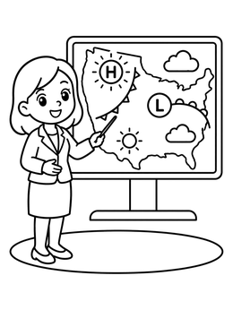 A smiling meteorologist points at a map on this weather coloring page.