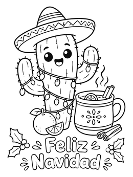 Free printable Festive Cactus With Warm Ponche Navideño coloring page