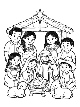 Free printable Family Visiting The Nativity Scene coloring page