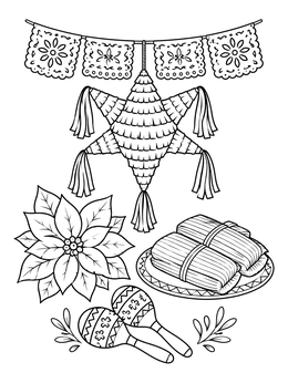 A festive mexican christmas coloring page with a star pinata, tamales, poinsettia, and papel picado.