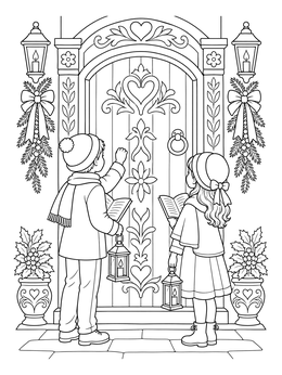 Children holding lanterns outside a festive door in this mexican christmas coloring page.