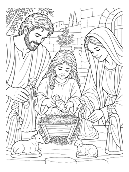 A family arranges a nacimiento manger scene in this Mexican Christmas coloring page.