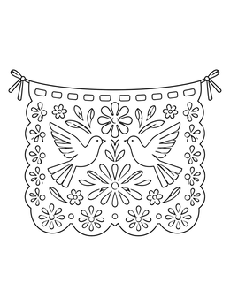 A decorative papel picado banner with doves and flowers on this mexican christmas coloring page.