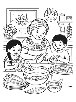 Free printable Family Making Christmas Tamales Together coloring page