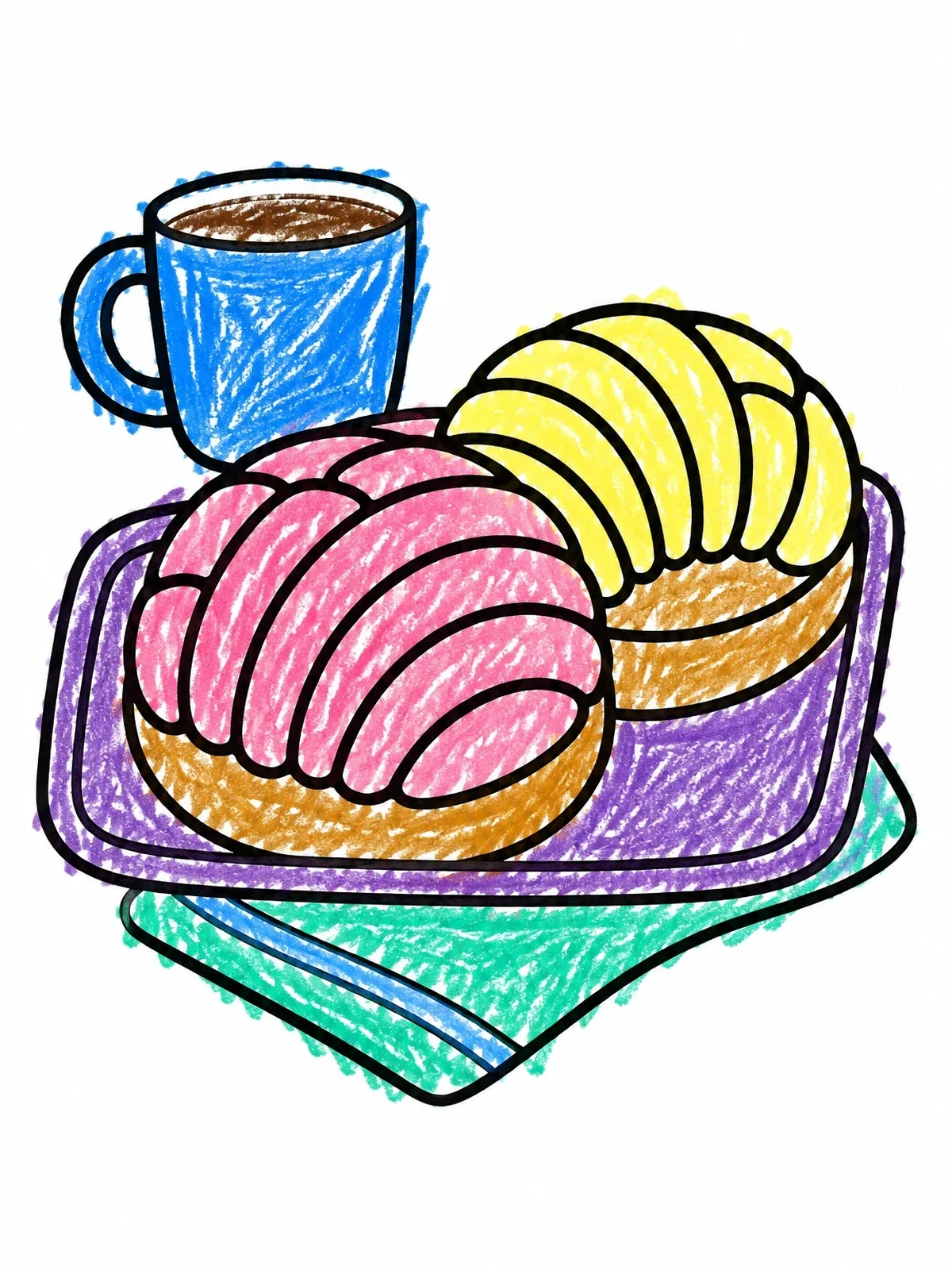 Colored example of the Sweet Mexican Conchas With Coffee coloring page
