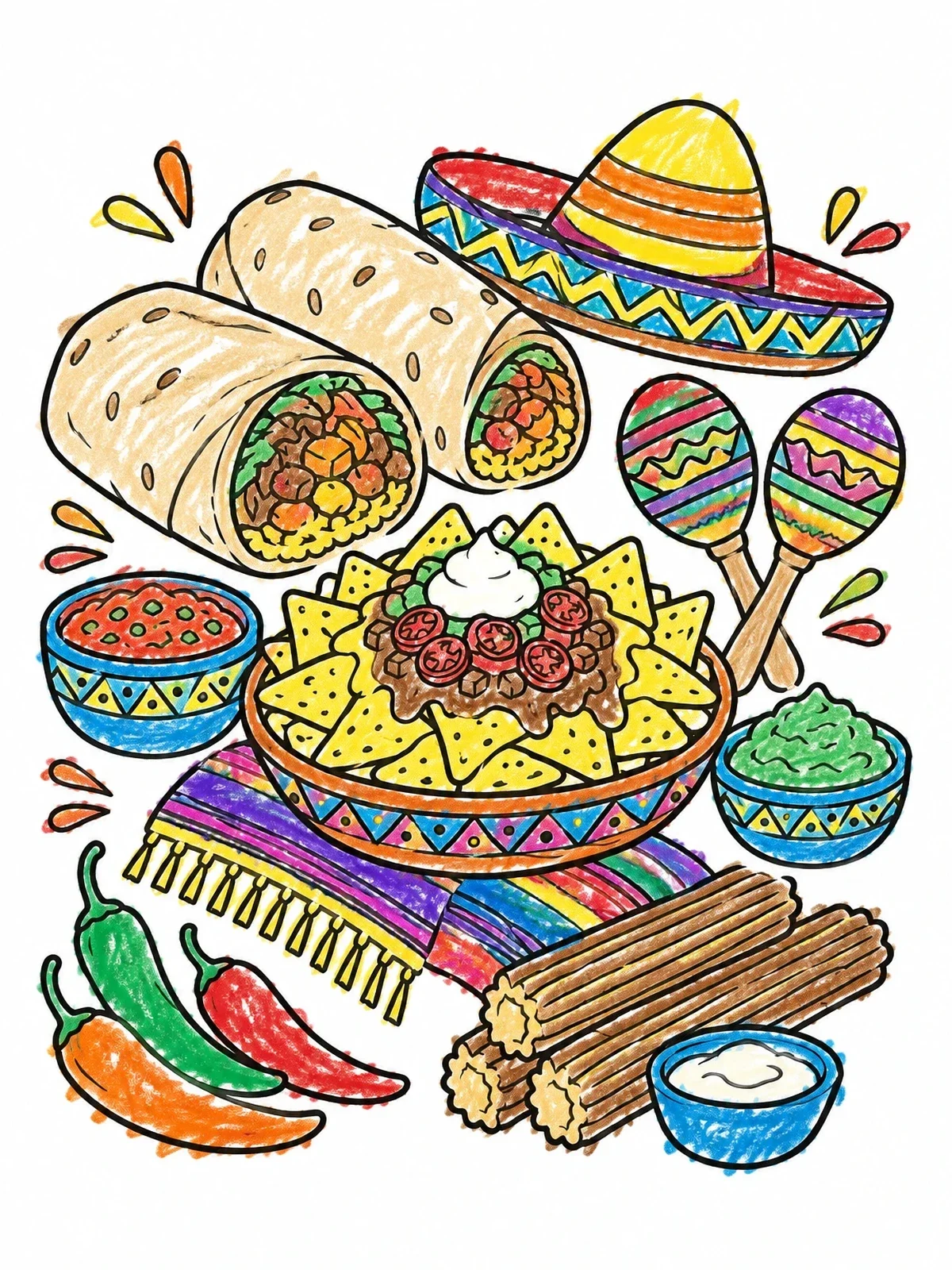 Colored example of the Mexican Feast With Burritos And Nachos coloring page