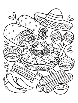 Free printable Mexican Feast With Burritos And Nachos coloring page