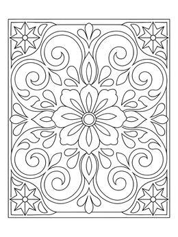 A mexican folk art coloring page showcasing a symmetrical Talavera tile design with floral scrolls and stars.