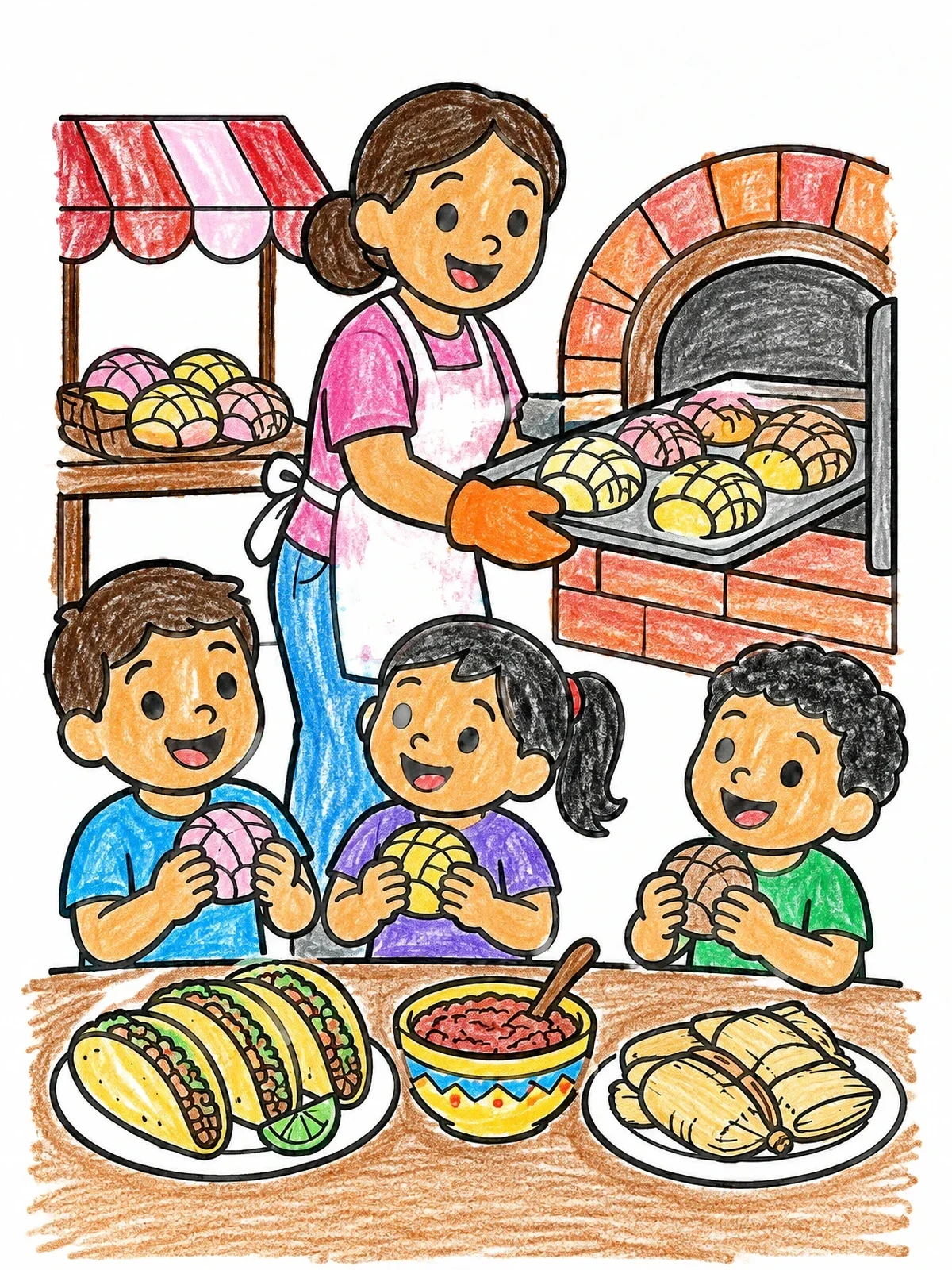 Colored example of the Baker Serving Fresh Conchas To Kids coloring page