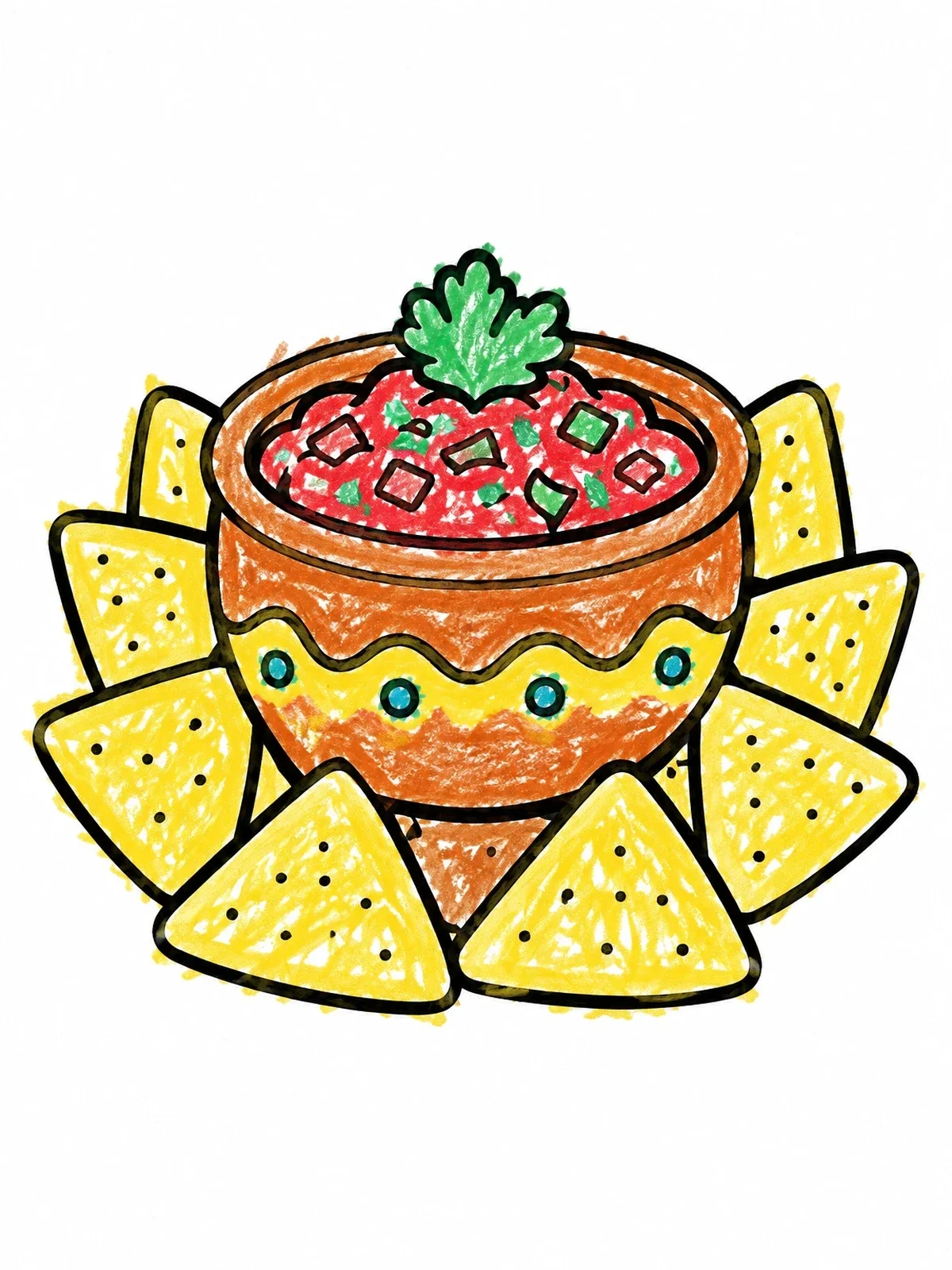 Colored example of the Bowl Of Salsa With Tortilla Chips coloring page