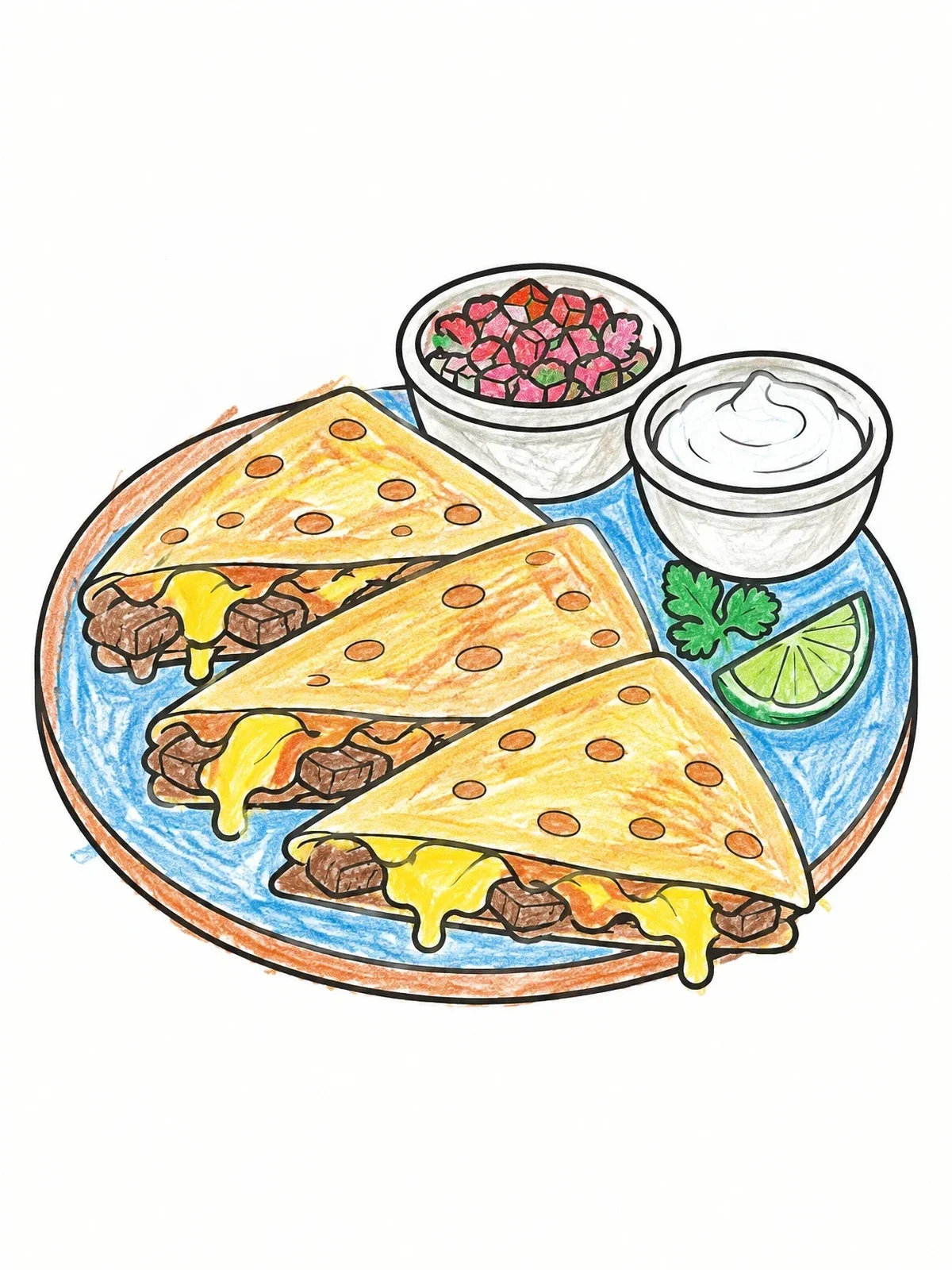 Colored example of the Cheesy Quesadilla Platter With Dips coloring page