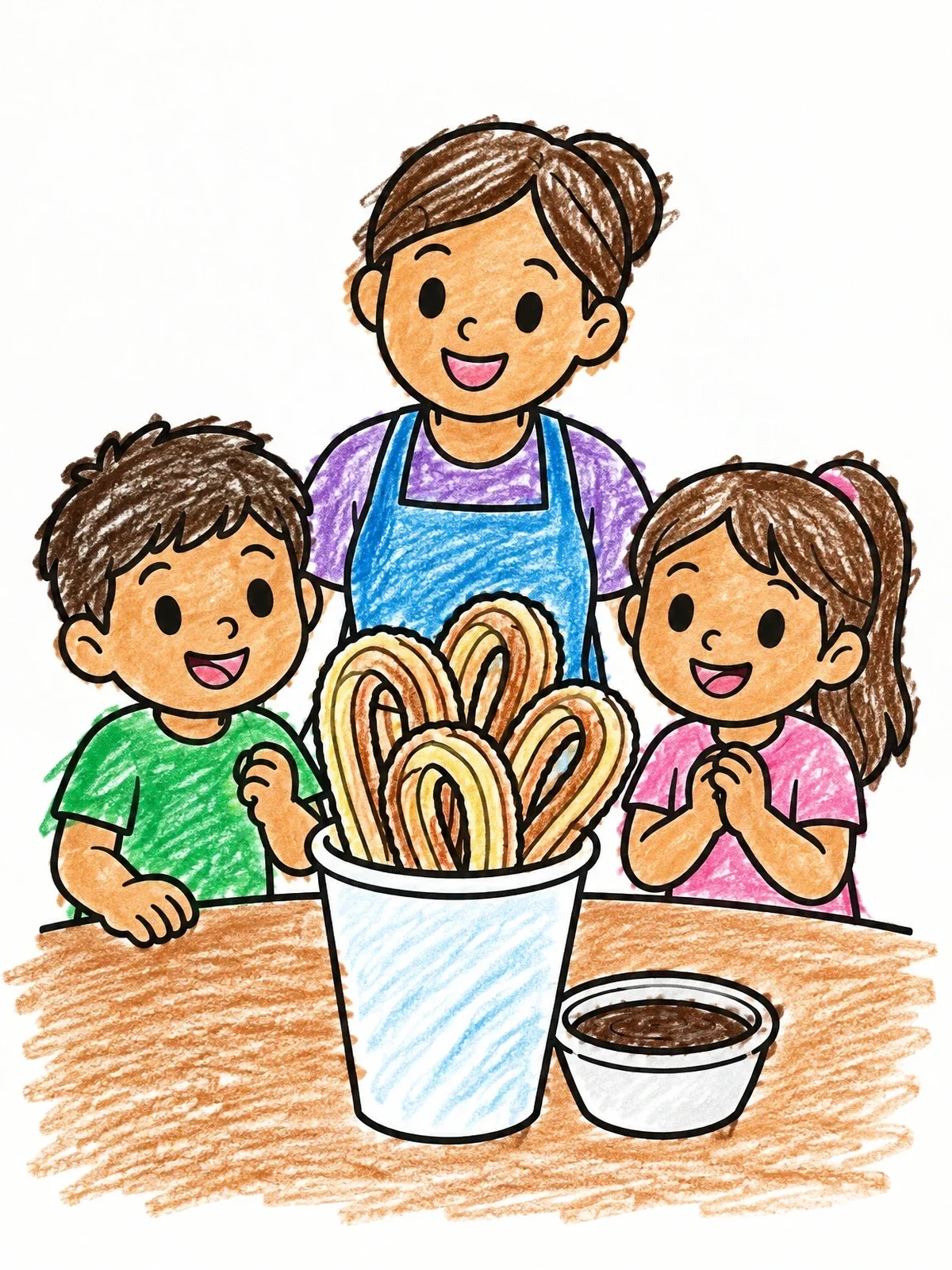 Colored example of the Family Enjoying Sweet Churros coloring page