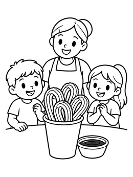 Free printable Family Enjoying Sweet Churros coloring page