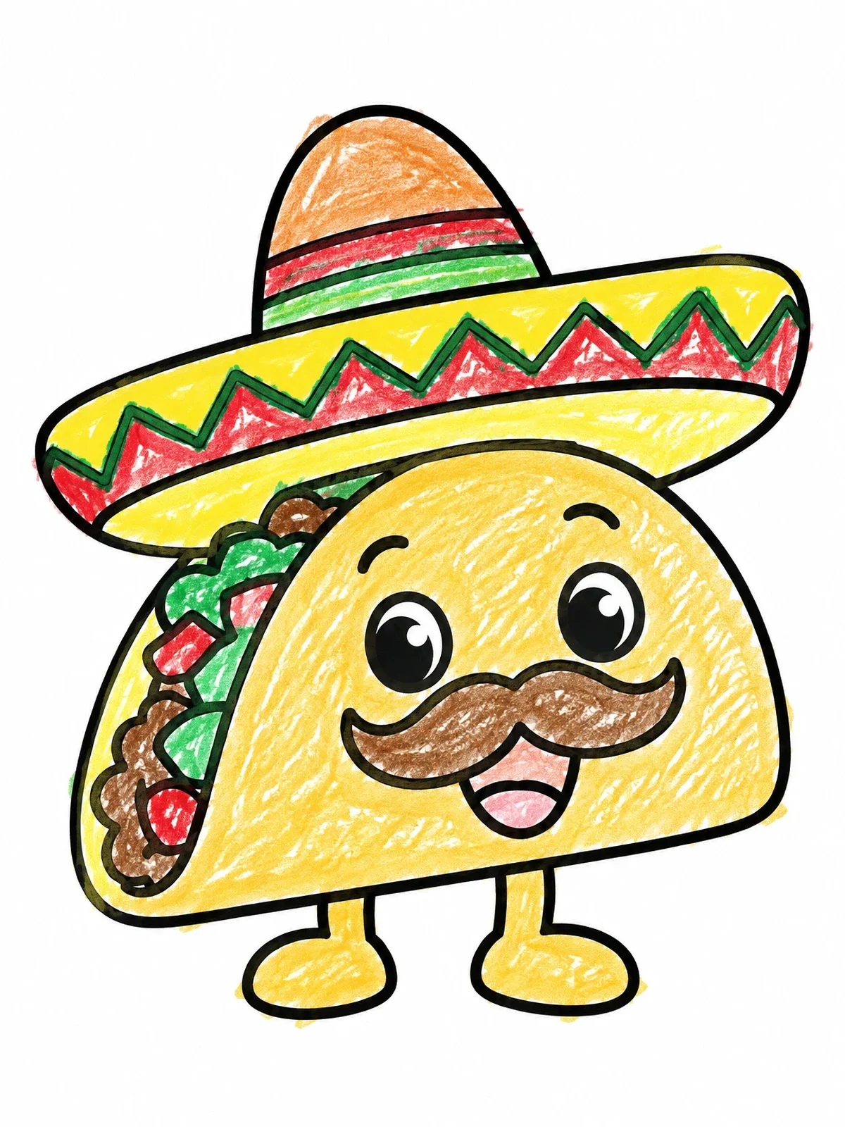 Colored example of the Happy Cartoon Taco With Sombrero coloring page