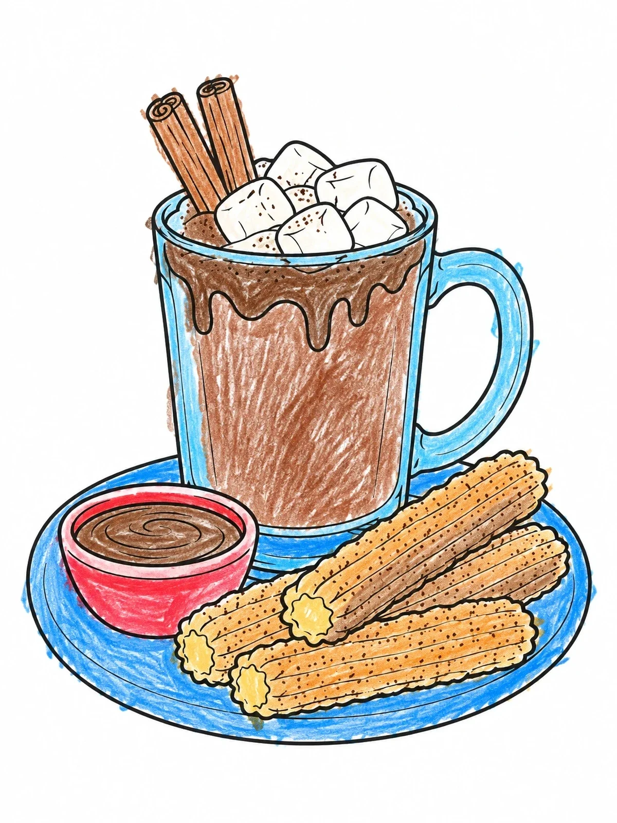Colored example of the Hot Chocolate And Churros Treat coloring page