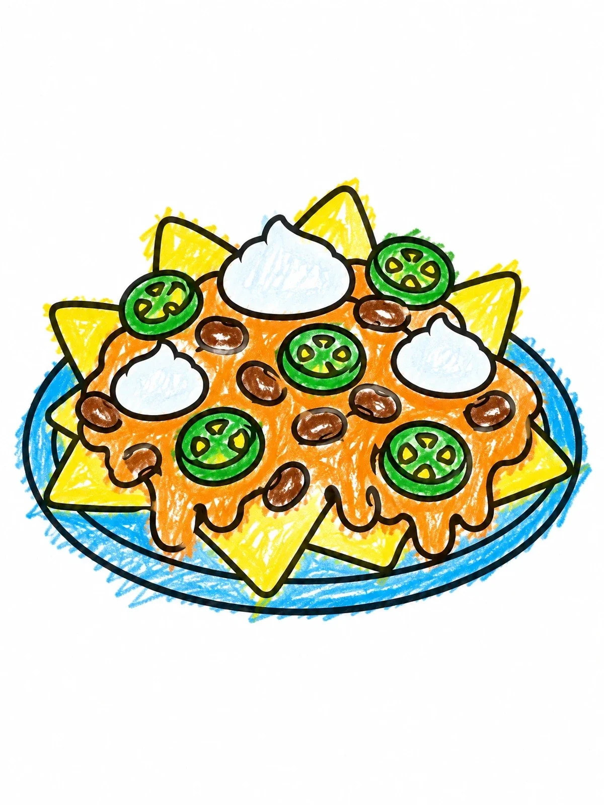 Colored example of the Plate Of Loaded Cheesy Nachos coloring page