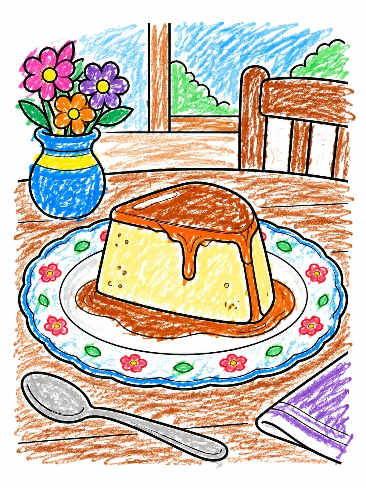 Colored example of the Sweet Caramel Flan On Decorative Plate coloring page