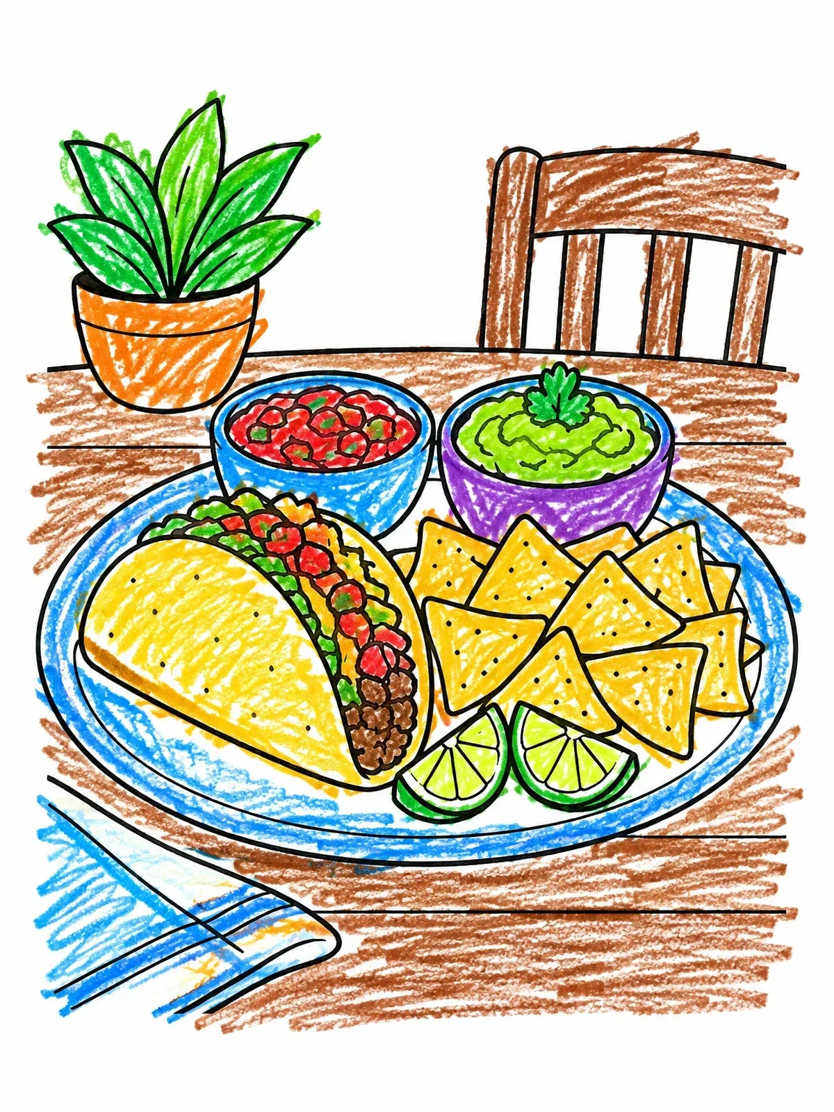 Colored example of the Taco Plate With Nachos And Dips coloring page
