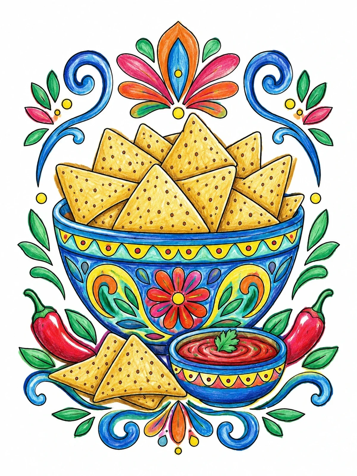 Colored example of the Tortilla Chips And Salsa Bowl coloring page