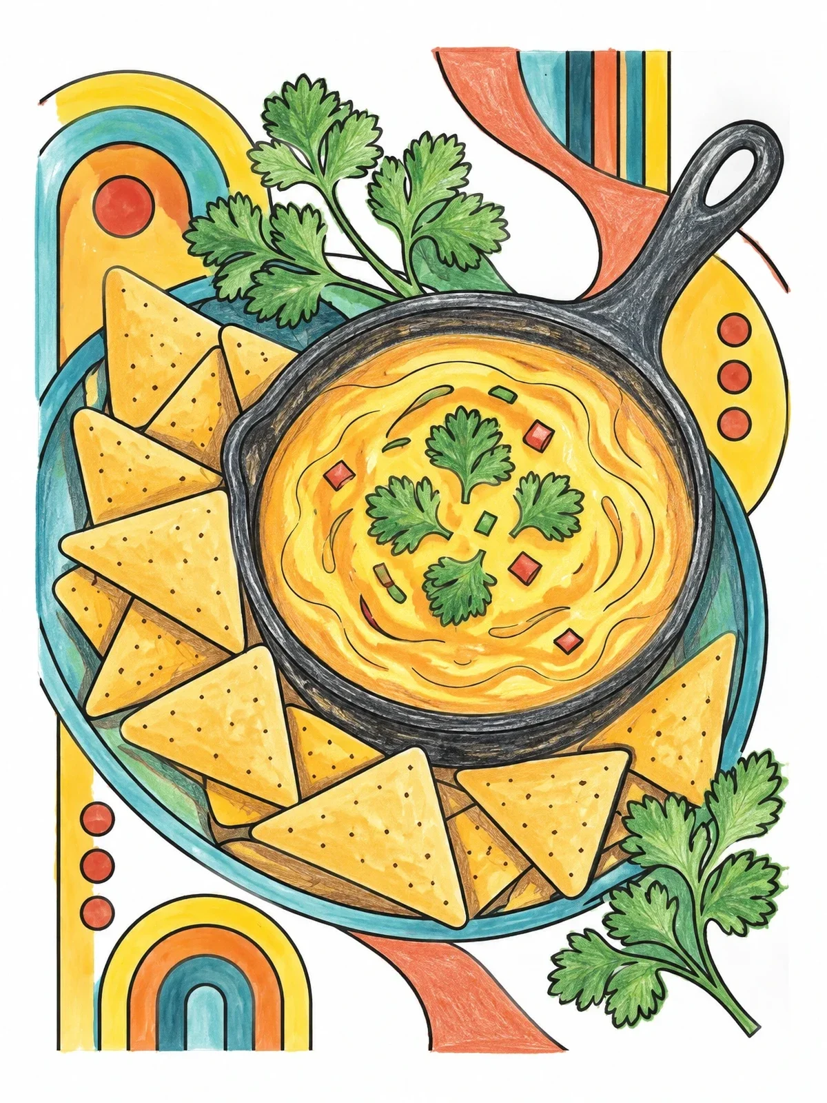 Colored example of the Warm Queso Skillet With Tortilla Chips coloring page