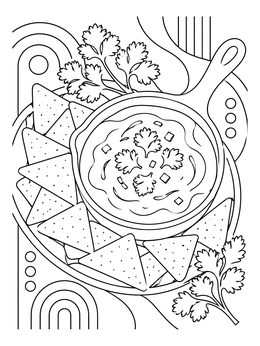 Free printable Warm Queso Skillet With Tortilla Chips coloring page