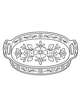 An ornate mexican folk art coloring page showing an oval wooden tray with floral patterns.