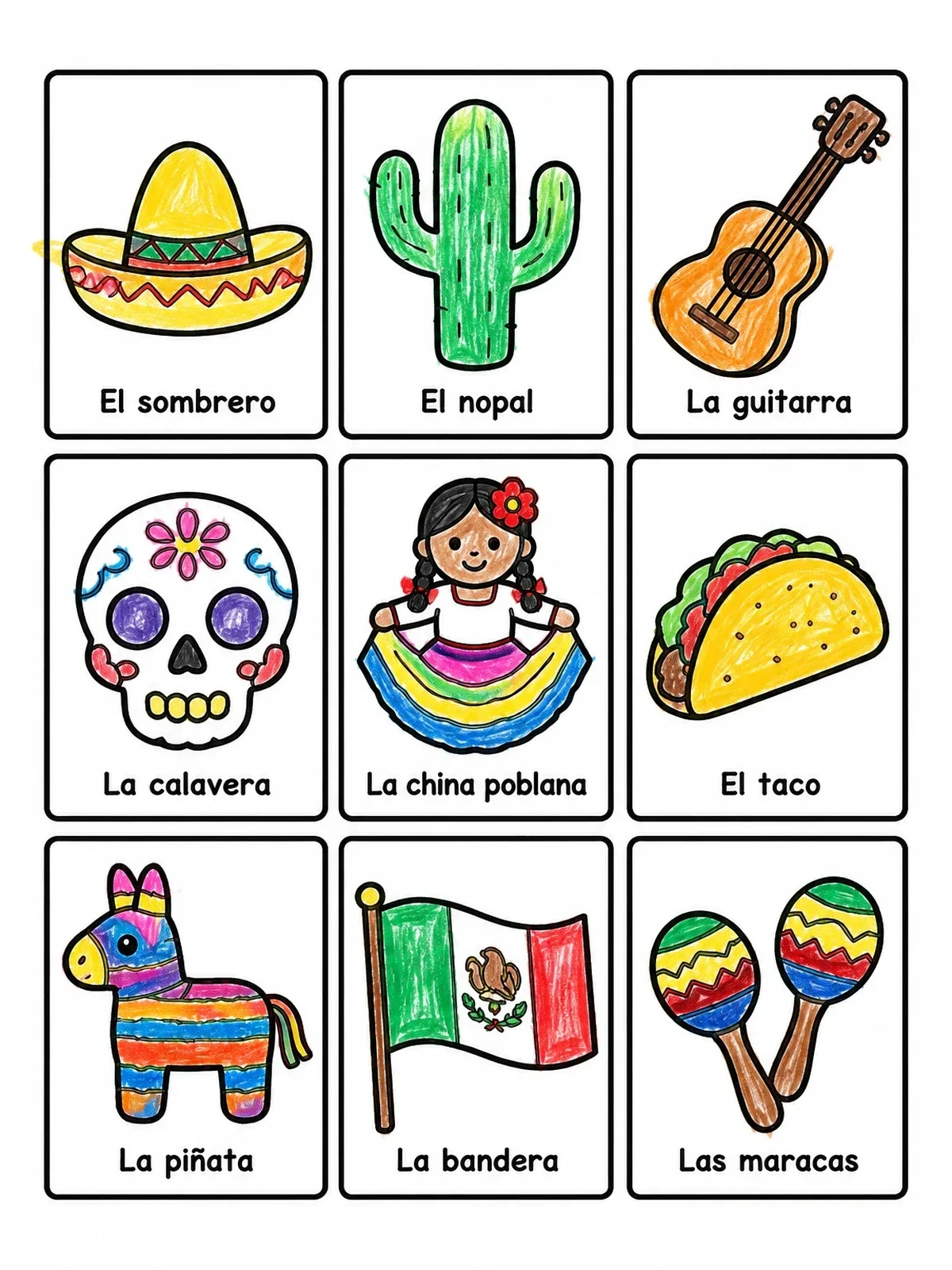 Colored example of the Mexican Loteria Bingo Cards Grid coloring page