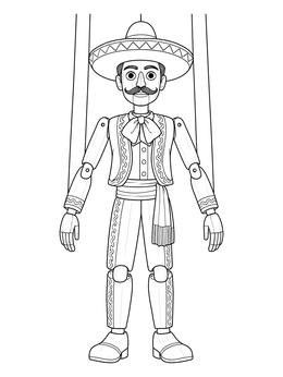 A vintage mexican folk art coloring page of a wooden charro marionette with strings.
