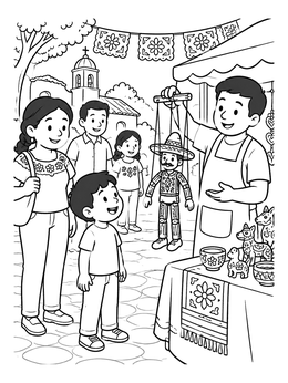 Free printable Family Watching A Marionette Show At Village Market coloring page