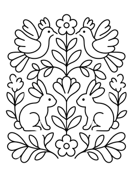 Free printable Mexican Otomi Birds And Rabbits Pattern coloring page