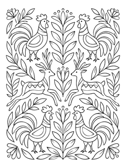 A mexican folk art coloring page with symmetrical roosters, leaping deer, and botanical leaves.