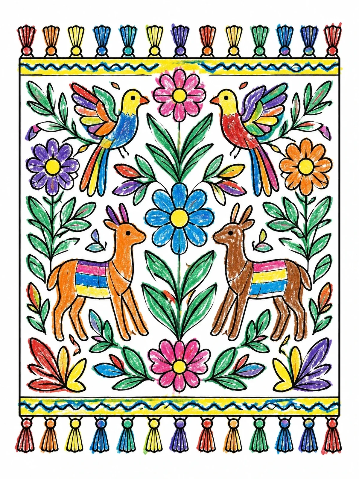 Colored example of the Mexican Otomi Style Floral Tapestry coloring page