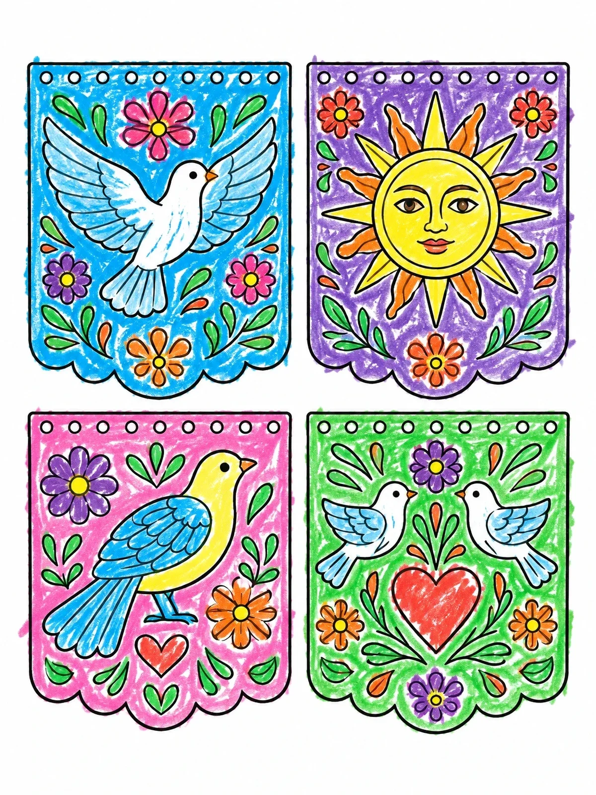 Colored example of the Mexican Papel Picado Banner Flags coloring page