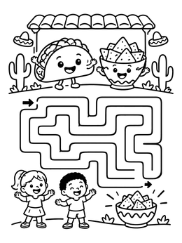 Kids solve a maze on a Mexican restaurant kids menu coloring page featuring tacos and nachos.