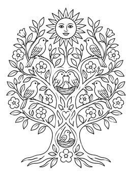 Free printable Mexican Tree Of Life With Birds And Sun coloring page